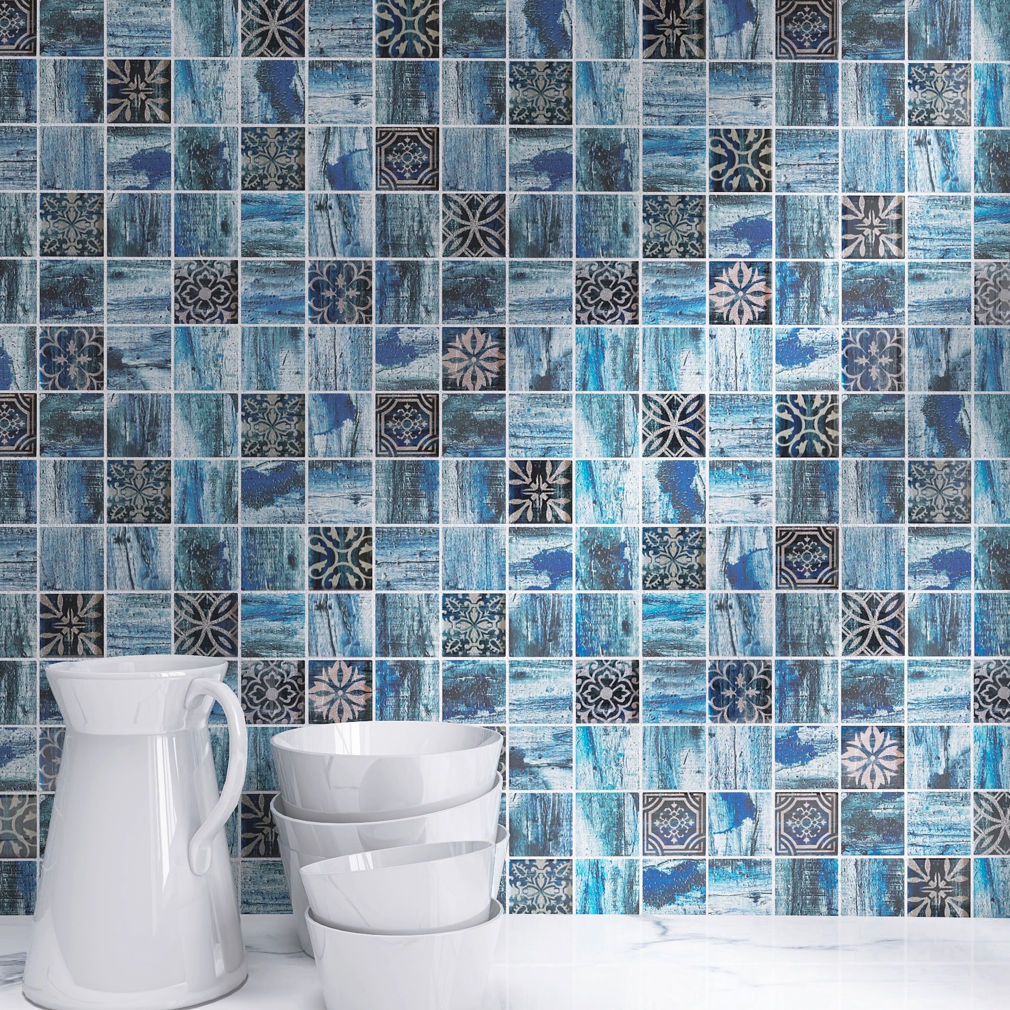 TileGen. Classic Roman 2" x 2" Glass Grid in Wood Blue Wall Tile (10 sheets/9.7 sqft.)