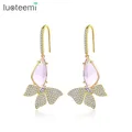 LUOTEEMI – boucles d'oreilles en cristal rose CZ pour femmes pendentif à crochet papillon pour