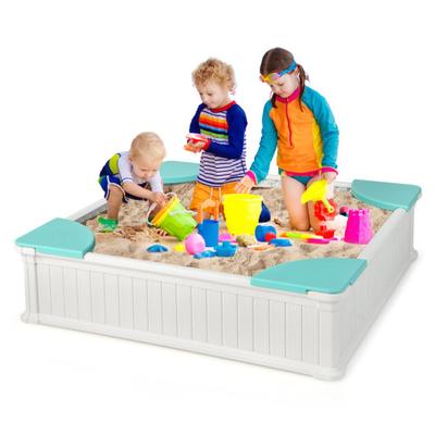 Costway Kids Outdoor Sandbox with Oxford Cover and 4 Corner Seats-White