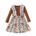 Efsteb Infant Toddler Baby Girls Casual Crochet Lace Trim Round Neck Ribbed Floral Print Sleeve Splicing Dress Kids Girls Long Sleeve Princess Dress Brown 3-4 Years