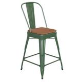 Flash Furniture CH-31320-24GB-GN-PL2T-GG Counter Height Commercial Bar Stool w/ Removable Back & Wood Seat - Steel, Green
