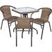 BTEXPERT Indoor Outdoor 28" Square Tempered Glass Metal Table Brown Rattan Trim + 3 Brown Restaurant Rattan Stack Chairs