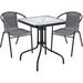 BTEXPERT Indoor Outdoor 23.75" Square Tempered Glass Metal Table + 2 Gray Restaurant Rattan Stack Chairs