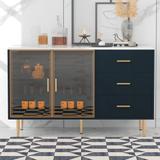 Modern Sideboard MDF Buffet Cabinet Marble Sticker Tabletop and Amber-yellow Tempered Glass Doors with Gold Metal Legs & Handles