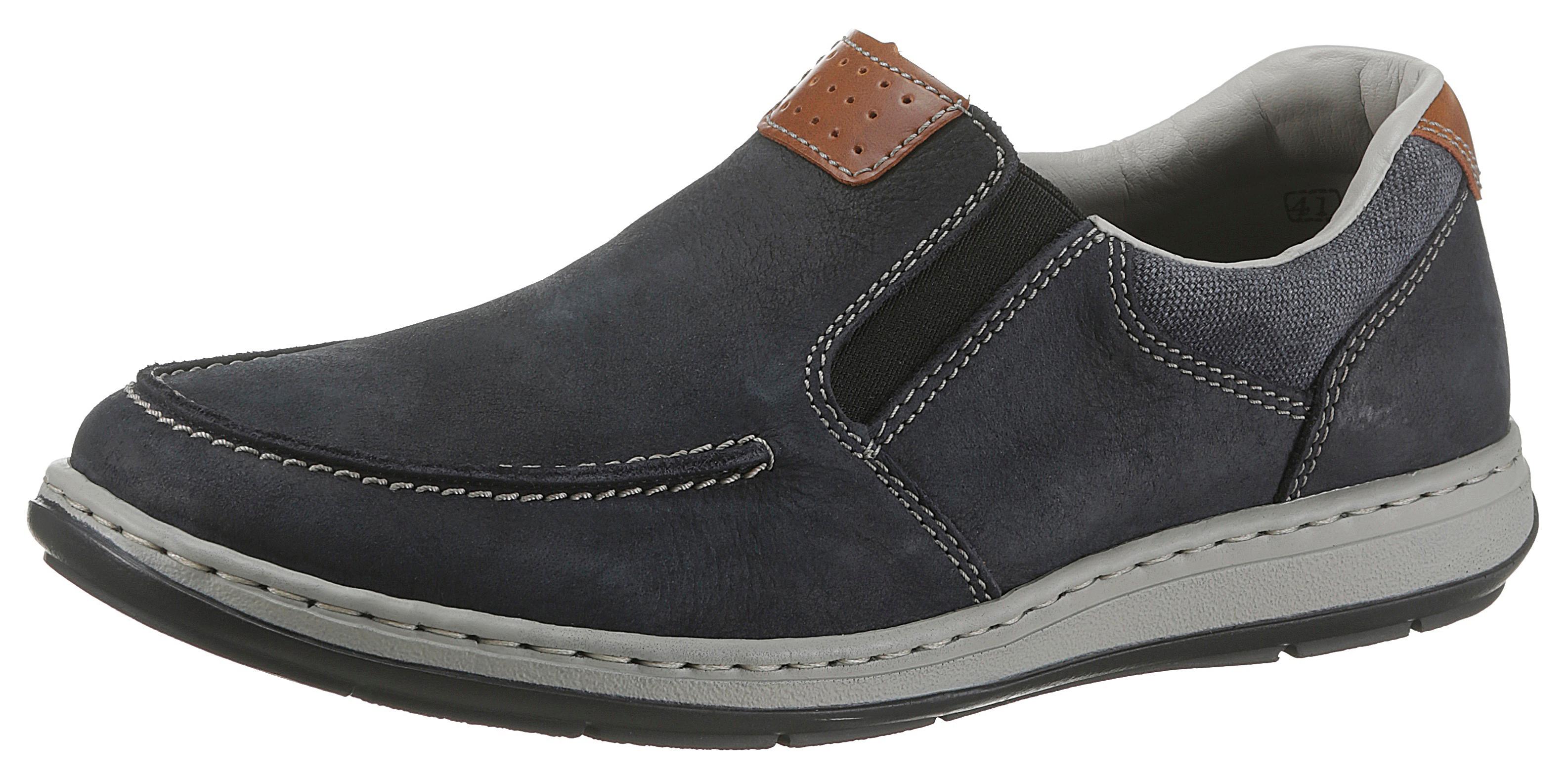 Slipper RIEKER, Herren, Gr. 45, blau (navy braun), Leder, Schuhe Slipper, Halbschuh, Freizeitschuh, Schlupfschuh mit modischer Blattnaht