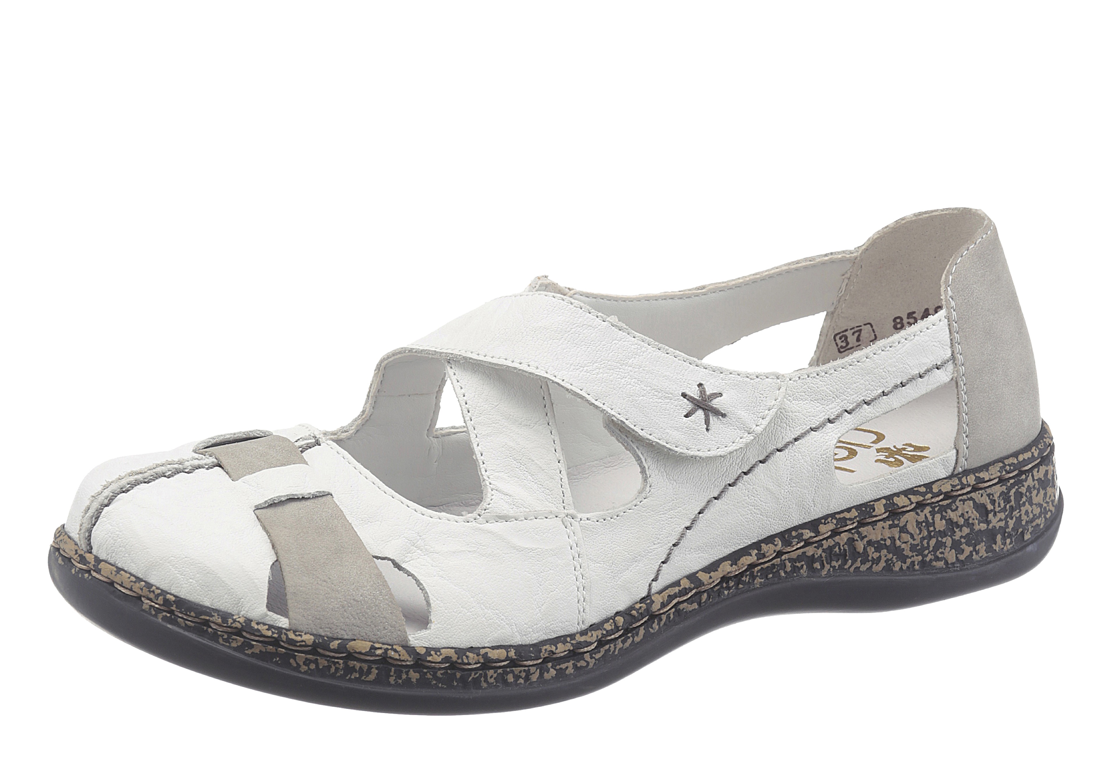 Slipper RIEKER, Damen, Gr. 38, grau (weiß, grau), Leder, Schuhe Slipper, Spangenschuh, Schlupfschuh, Komfortschuh mit Klettverschluss