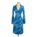 Express Casual Dress - Sheath Plunge 3/4 sleeves: Blue Print Dresses - Women's Size 1