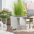 Outdoor Side Table for Patio Small Rattan Wicker Coffee Table Balcony Table Outside end Table with Poly Lumber Table top & Storage Bistro Table for Garden Pouch Deck Living Room Backyard Grey