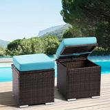 Outdoor Ottomans for Patio Rattan Wicker Ottoman with Storage Outdoor footrest Foot Stool seat for Patio Furniture w/Removeable Extra Thick Cushion for Balcony Backyard Garden Poolside Set of 2 Blue