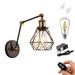 Kiven 1-Light Battery Operated Iron Wall Lamp Vintage Black Rechargeable Wall Sconces E26 Socket Bulb Included(Warm White)Wire Cage Wall Light Fixture