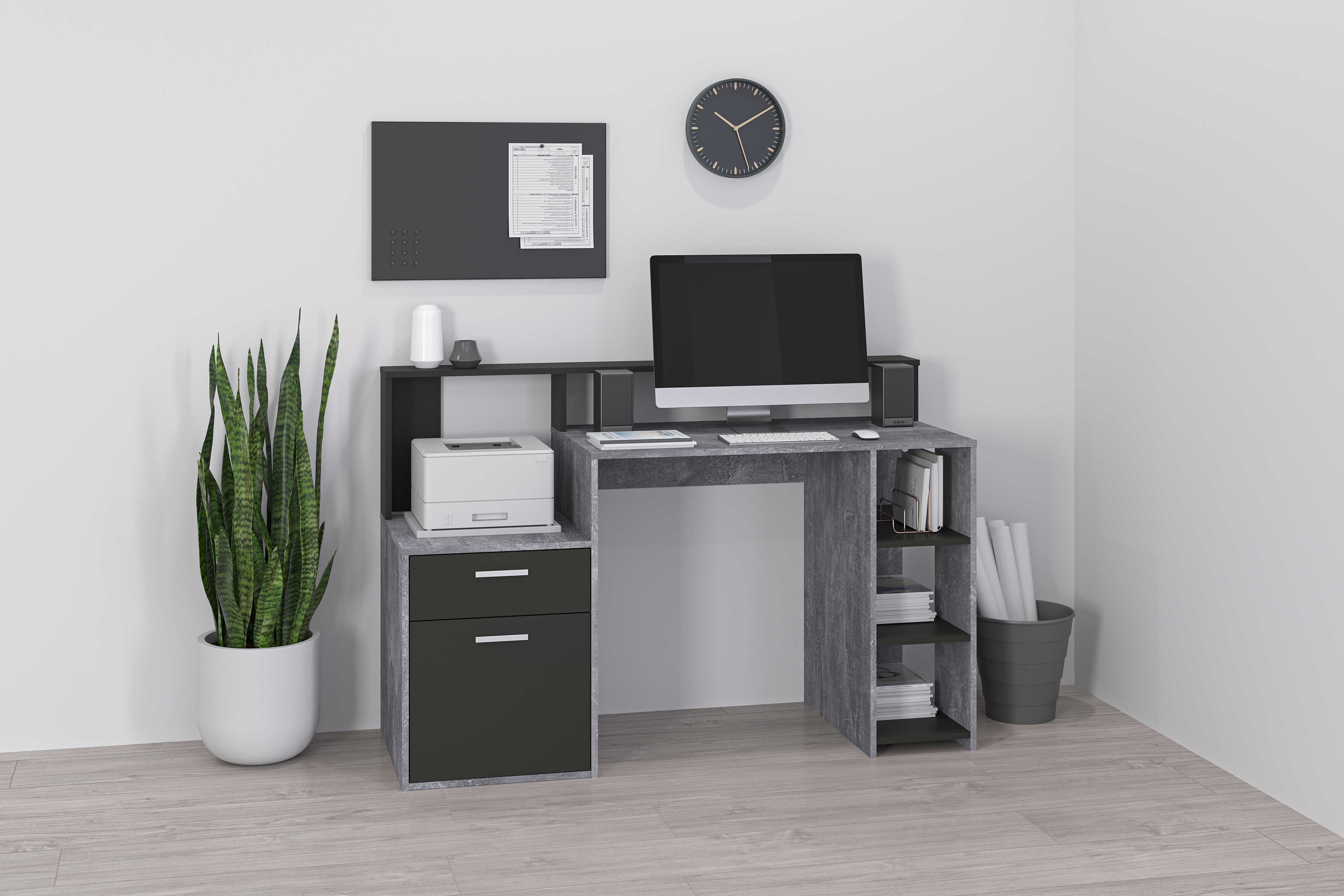 Regal-Schreibtisch FMD "Bolton", grau (betonoptik, anthrazit), B:138,5cm H:92cm T:53,5cm, Tische, Schreibtisch mit Stauraum und Ablage, offene Fächer, 138,5 cm breit Image