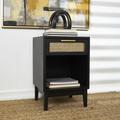 Beachcrest Home™ Consuelo Wood 1 Drawer & 1 Shelf Accent Table w/ Cane Front Drawer & Gold Handle Wood in Black | Wayfair