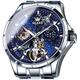 OLEVS Men's Automatic Mechanical Skeleton Watch Luxury Dress Blue Dial Waterproof Self Winding Moon Phase Stainless Steel Luminous Tourbillon Wrist Watches for Men, Silver, Mechanical,Skeleton Watch