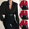 Chemisier à manches longues pour femme chemise décontractée à revers couleur unie noir rouge