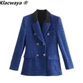 Klacwaya-Veste en Tweed Bleu pour Femme Blazer en Cuir Couture Crantée Bergame Bureau