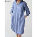 ZANZEA-Robe d'été vintage à carreaux pour femme chemise à manches longues col à revers longueur