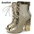 Aneikeh-Sandales gladiateur dorées pour femmes chaussures à lacets talons hauts bottes de