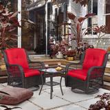 3-Piece Outdoor Brown Wicker Swivel Rocking Chairs Set