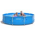 Costway Round Above Ground Swimming Pool Patio Frame Pool W/ Pool Cover Iron Frame Blue