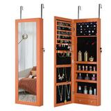 Mirror Jewelry Cabinet 6 LEDs Wall-Mounted Jewelry Armoire with Mirror Lockable Jewelry Organizer Armoire Full Length Mirror with Storage Door-Mounted Makeup Tray for Bedthroom Living Room Orange