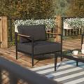 Wade Logan® Annegriet Aluminum Frame Patio Chair w/ Teak Arm Accents & Plush Cushions in Black | 24.5 H x 32.5 W x 29.5 D in | Wayfair