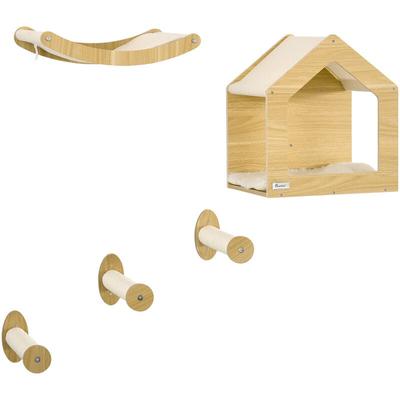 5PCs Wall Mounted Cat Tree Cat Climbing Shelf Set Scratching Post, Oak - Oak - Pawhut - 