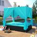 Outdoor Patio Wicker Sunbed Daybed with Cushions and Adjustable Seats Four-Sided Canopy Sectional Couch with Canopy/Overhead Curtains/Cushions for Lawn Garden Backyard Poolside Blue