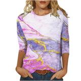 ZQGJB Casual Marble Printing T-Shirts for Women Clearance Summer Three Quarter Sleeve Crewneck Tees Lightweight Pullover Tunic Tops for Leggings Pink L