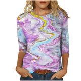 ZQGJB Casual Marble Printing T-Shirts for Women Clearance Summer Three Quarter Sleeve Crewneck Tees Lightweight Pullover Tunic Tops for Leggings Purple M