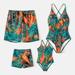 PatPat Mommy and Me Family Matching Leaf Print One-piece Spaghetti Strap Swimsuit or Swim Trunks