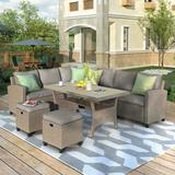 5 Piece Patio Furniture Set, Outdoor Conversation Set Sectional Sofa Set, Dining Table Chair with Ottoman and Throw Pillows