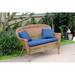 Jeco W00205-L-FS011-CL Honey Wicker Patio Love Seat With Blue Cushion And Pillows