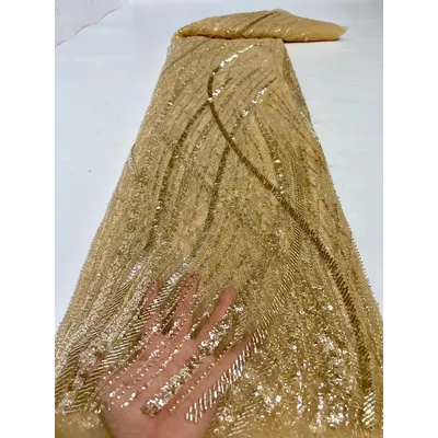 Tissu à paillettes en dentelle dorée classique française tissu en dentelle de tulle perlé fait à la