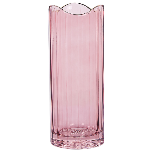 Blumenvase Rosa Glas 30 cm Hohe Form mit Breiter Öffnung Struktur Goldrand Modern Tischdeko Wohnaccessoires Deko Glasvase für Wohnzimmer Flur
