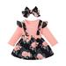REORIAFEE First Birthday Outfit Girl Toddler Kids Baby Girls Fashion Cute Long Sleeve Flowers Pattern Romper Strap Skirt Bow Headdress Suit Pink 9-12 Months