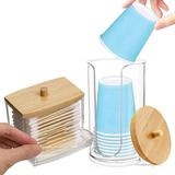 Bathroom Holder Dispenser for Disposable Paper Cup Cotton Swab Round Cotton Pads Clear Storage Organization with Bamboo Lids for Bathroom Canister Vanity Makeup (2Pcs/Set)