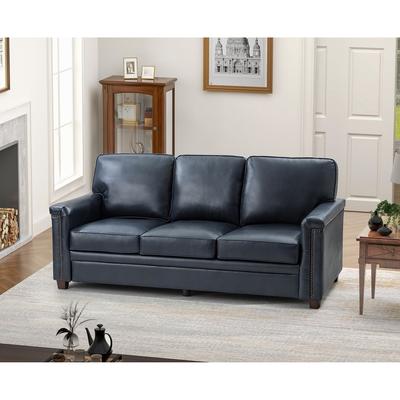 Rita Transitional Living Room 3-Seat Genuine Leather Nailhead Sofa with Solid Wood Legs and Removable Cushions