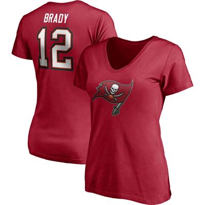 Damen Fanatics Tom Brady Rotes Tampa Bay Buccaneers Spielersymbol Name und Nummer V-Ausschnitt-T-Shirt Image