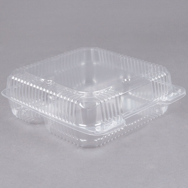 "Durable Packaging PXT-933 9"" x 9"" x 3"" Three Compartment Clear Hinged Lid Plastic Container - 100/Pack"