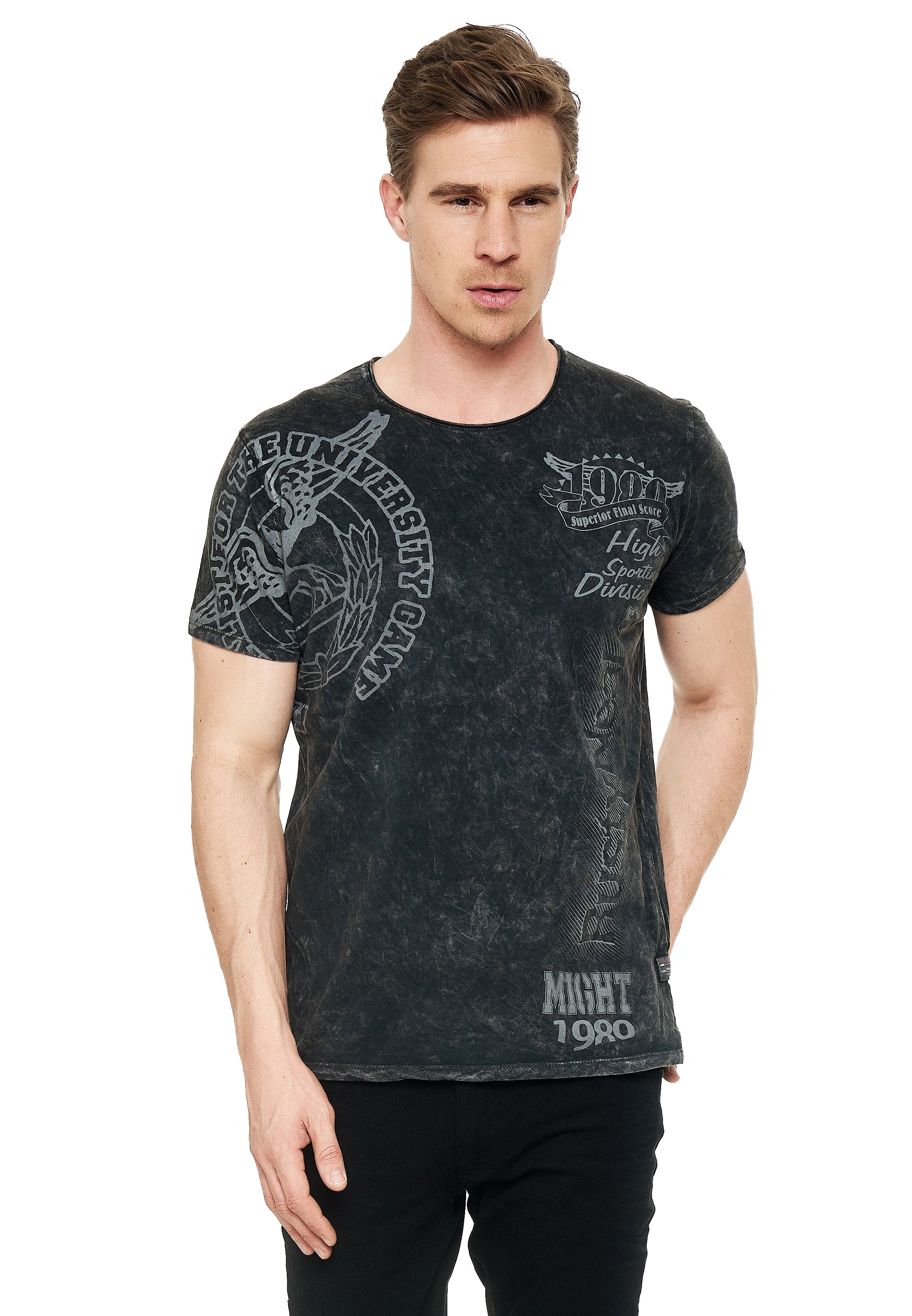T-Shirt RUSTY NEAL, Herren, Gr. M, grau (anthrazit), 100% Baumwolle, bedruckt, normal, Rundhals, Shirts, mit eindrucksvollem Print Image