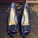 Nine West Shoes | Navy Blue Patent Leather High Heel With Cork Heel. Open Toe Shoe. Size 8 1/2 | Color: Blue | Size: 8.5