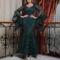 Lugentolo-Robe de soirée en dentelle à manches longues pour femme gaine sexy longueur au sol vert