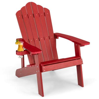 Costway Weather Resistant HIPS Outdoor Adirondack Chair with Cup Holder-Red