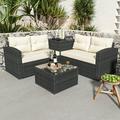 Outdoor Wicker Furniture Set 4 PCS PE Rattan Sectional Sofa Set with Side Storage Table Coffee Table and 2 Loveseats Cushioned Conversation Chairs Set for Patio Yard Poolside Deck Beige D5640