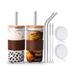 Eternal Night Glass Cups w/ Lids & Metal Straws, Iced Coffee Cups w/ Bamboo Lids, Cute Boba Cup w/ Non-Slip Sleeve | 7.2 H in | Wayfair