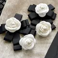 Korean Fabric Lace Bowknot Brooches for Women Crystal Rhinestone Bowtie Necktie Shirt Collar Pin