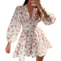 Mini robe à manches longues vintage pour femmes imprimé floral volants col en V taille haute