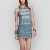 Free People Dresses | Free People Chambray Western Print Denim Mini Dress Size Small | Color: Blue/Cream | Size: S