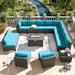 kullavik 14 Pieces Patio Furniture Set Outdoor Furniture Wicker Sectional Sofa Set Rattan Patio Conversation Set with 43in 55 000 BTU Propane Gas Fire Pit Table and Glass Coffee Table Blue