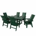 WestinTrends Ashore 7 Pieces Adirondack Outdoor Dining Set All Weather Poly Lumber Slatted Modern Farmhouse Outdoor Furniture Set 71 Trestle Dining Table and 6 Adirondack Dining Chair Dark Green